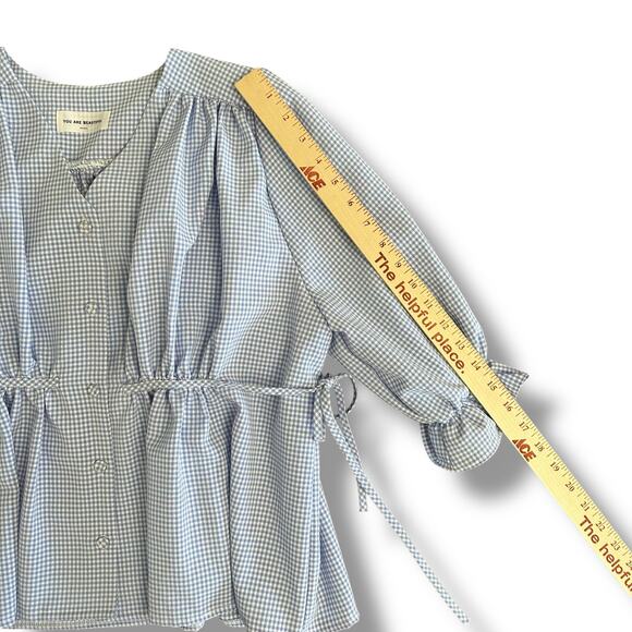 YOU ARE BEAUTIFUL Seoul Blue Gingham Puff Sleeve Waist Tie Blouse Top M - Picture 4 of 7
